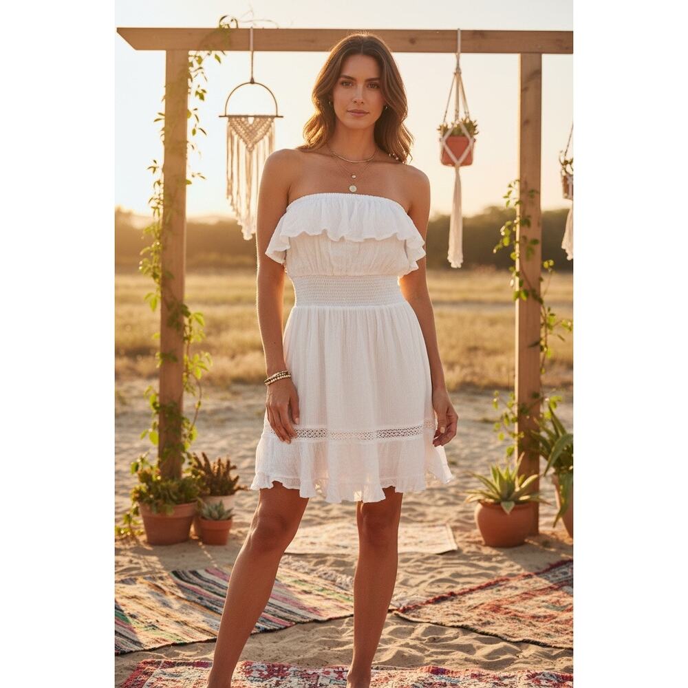 Anthropologie HD in Paris White Ruffle Lace Detail Boho Strapless Dress Medium